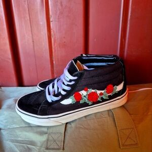 Vans Black High-Top Sneakers with Red Rose Embroidery